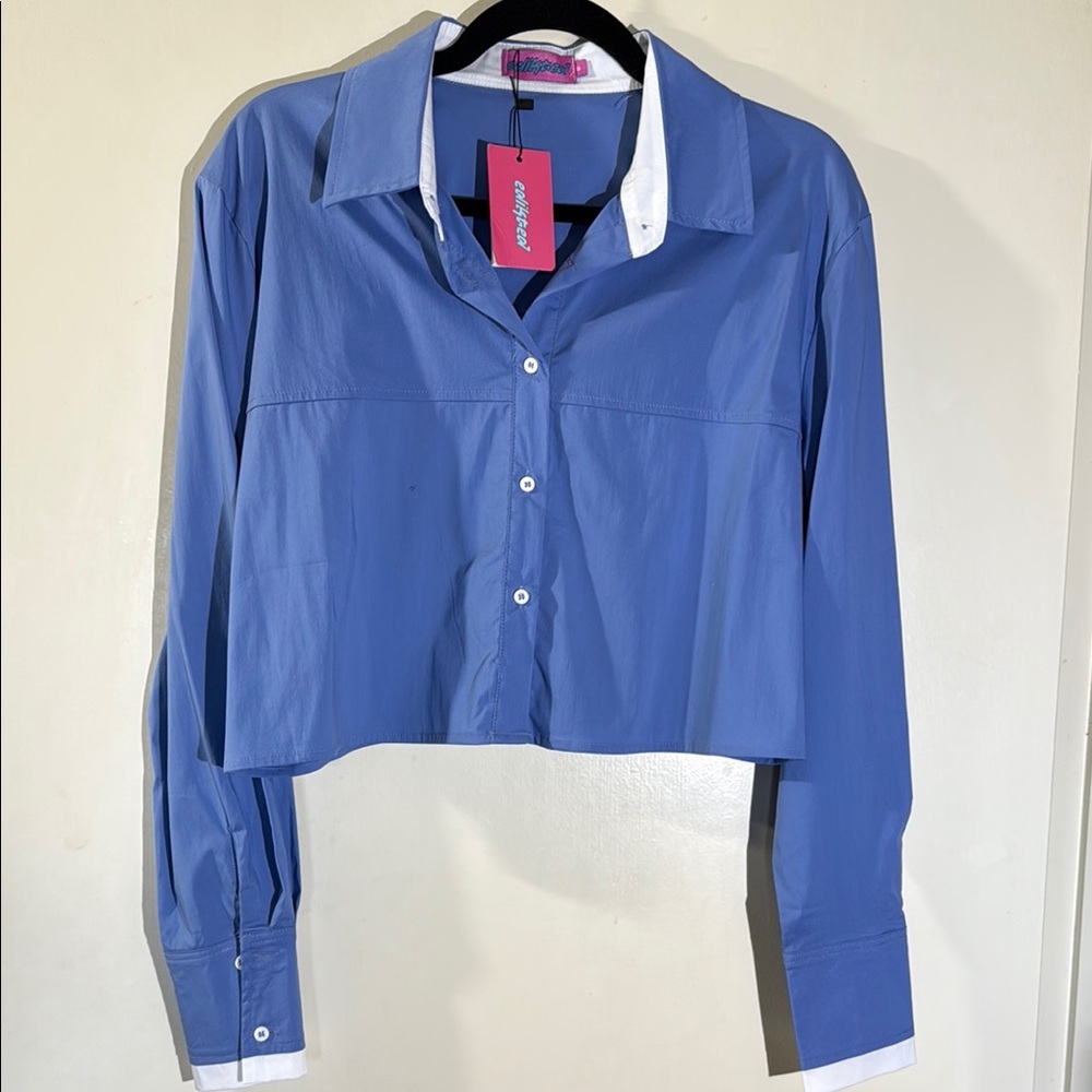 Edikted Blue Cropped Long Sleeve White Cuff Button Down Shirt  Size Medium